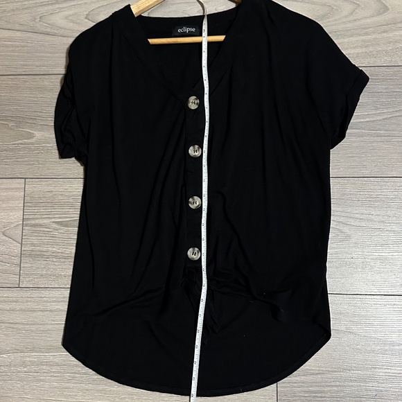 Eclipse Short Sleeve V Neck Tee with Tie Front Button Up Detail Medium Black - Picture 8 of 9